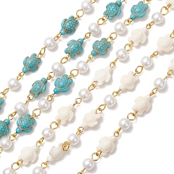 Золотой 2 шт. 2 цвета: синтетическая бирюза и стеклянные жемчужины, цепочки, черепаха, с фурнитурой из железной стали, несварные, золотые, 16x9x5 мм, около 3.28 футов (1 м) / комплект