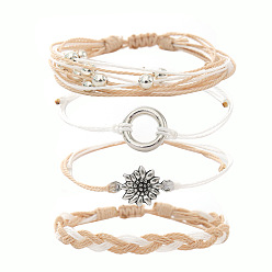 пшеница 4шт. набор браслетов из плетеных бусин из сплава цветов и кольца и вощеного шнура, античное серебро, цвет пшеницы, 11 дюйм (28 см)