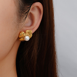 Золотой Классические 304 серьги-гвоздики в форме цветка из нержавеющей стали с искусственным жемчугом, золотые, 21.54x21.46 мм