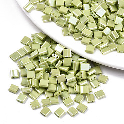Желто-Зеленый Стеклянный бисер с отверстиями fgb 2, непрозрачных цветов lustered, квадратный, желто-зеленый, 5x4.5~5.5x2~2.5 мм, отверстие : 0.5~0.8 мм, около 1180 шт / упаковка