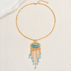 Золотой Богемская латунь паве синтетическая бирюза овальные с цепочкой кисточкой подвески ожерелья для женщин, золотые, 17.52 дюйм (44.5 см)