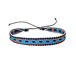 Light Sky Blue Bohemia Polyester Braided Flat Cord Bracelet, Adjustable Bracelet for Women, Light Sky Blue, 6-1/2~9-7/8 inch(16.5~25cm)