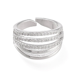 Platinum Adjustable Brass Micro Pave Clear Cubic Zirconia Cuff Rings, Open Rings, Long-Lasting Plated, Platinum, US Size 6(16.5mm)