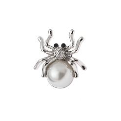 Платина Булавки для броши из сплава со стразами, спинка булавки для лацкана на Хэллоуин, с имитацией жемчужина бисера, паук, платина, 19x18 мм