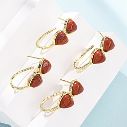 Красный Камень Серьги-гвоздики в форме сердца из натуральной красной яшмы ко Дню святого Валентина, с латунными застежками для сережек с гальваническим покрытием, золотые, 26x10 мм