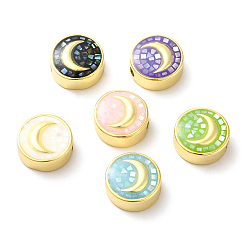(52) Непрозрачная лаванда Стойки покрытие латунь эмаль бисер, с чипсами, долговечный, без кадмия и без свинца, плоские круглые с луной, золотые, разноцветные, 11x4.5 мм, отверстие : 1.8 мм