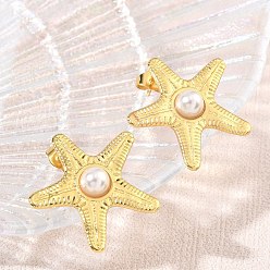Doré  304 boucles d'oreille en acier inoxydable, étoiles de mer, avec abs en plastique imitation perle, or, 24x25mm