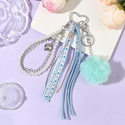 Светло-Голубой Подвеска из искусственного кроличьего волоса, полиэстерового шнура, пластиковой жемчужной бусины и железной цепочки, платина, Небесно-голубой, 275~280 мм
