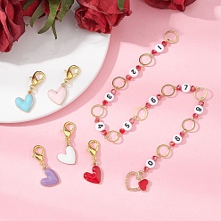Mixed Color 6Pcs Knitting Row Counter Chains & Locking Stitch Markers Kits, with Heart Alloy Enamel Pendant, Acrylic & Glass Beads, Golden, Mixed Color, 29.5cm & 3.4cm