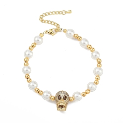 Настоящее золото 18K Браслеты с подвесками из латуни с микропаве из кубического циркония, с abs имитационными жемчужными бусинами , без кадмия и без свинца, долговечный, череп, реальный 18 k позолоченный, 7-1/8 дюйм (18.2 см)