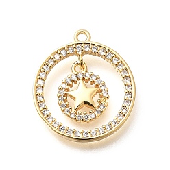Звезда Латунные микро проложить кубического циркония подвески, без кадмия, без никеля и без свинца, реальный 18 k позолоченный, кольцо прелести, звезда, 21x18x3 мм, отверстие : 1.5 мм