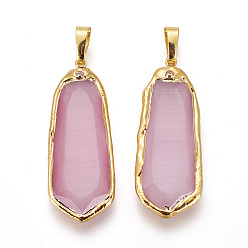 Фламинго Латунные подвески, с кошачий глаз, горный хрусталь, слеза, золотые, фламинго, 39~40x15~16x4.5~5 мм, отверстие : 5 мм