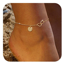 Letter I Латунные двойные сердечки плоские круглые инициалы браслеты на ногу для женщин, золотые, Буква "i", 9-1/8 дюйм (230 мм)