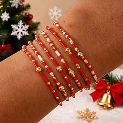 Красный 6 Браслеты ручной работы из стеклянного бисера и латунных бусин, эластичные., Регулируемый набор украшений для женщин, которые можно носить в несколько рядов., красные, 6.50 дюйм (16.5 см)