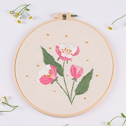 Hot Pink DIY Flower Pattern Embroidery Painting Kits, Including Printed Cotton Fabric, Embroidery Thread & Needles, Round Embroidery Hoop, Hot Pink, 200mm