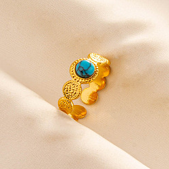 Синтетическая Бирюза Круглые синтетические кольца из бирюзы, 304 манжетное кольцо из нержавеющей стали для унисекс, внутренний диаметр: 17 мм