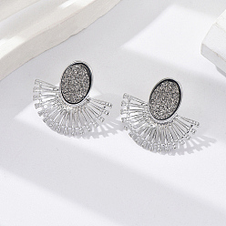 Platinum Rhodium Plated Fan Shape Alloy Stud Earring for Women, Platinum, 27x30mm