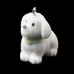 Собака Флокированные подвески из непрозрачной смолы, с платиновыми тоновыми железными петлями, белые, собачий шарм, 30x20x28 мм, отверстие : 2 мм