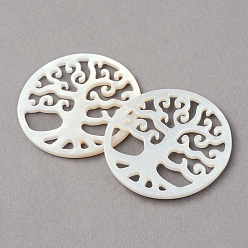 Creamy White Sea Shell Pendants, Flat Round with Tree of Life, Filigree, Creamy White, 29.5x2mm