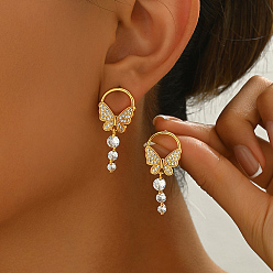 Золотой Элегантные серьги-гвоздики с подвесками в виде бабочек из латуни с прозрачными кубическими цирконами, золотые, 34x15 мм