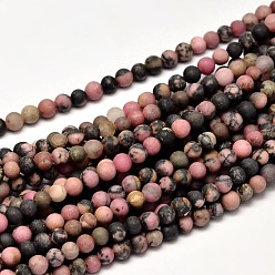 Rhodonite Frosted Natural Rhodonite Round Bead Strands, 4mm, Hole: 0.8mm, about 85~90pcs/strand, 15 inch