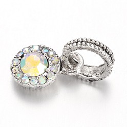 Crystal AB Antique Silver Plated Alloy Rhinestone European Dangle Charms, Flat Round Large Hole Pendants, Crystal AB, 19mm, Hole: 6mm
