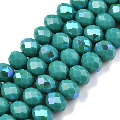 Светлый Морско-зеленый Гальванизировать непрозрачные сплошной цвет стеклянные бусы пряди, с половиным покрытием цвета радуги, граненые, рондель, светло-зеленый, 8x6 мм, отверстие : 1 мм, около 60~62 шт / нитка, 39~40 см