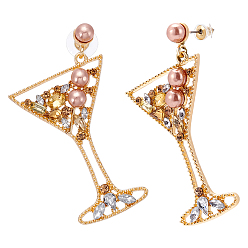 Золотой 1пара серег-гвоздиков из сплава со стразами, с пластиковой имитационной жемчужиной, бокал, золотые, 58x31.5 мм