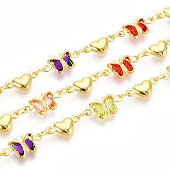 Разноцветный Латунь со стеклянными цепочками, Бабочка и сердце, пайки, с катушкой, красочный, 12x6x2 мм, около 32.81 футов (10 м) / рулон