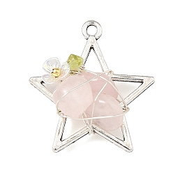 Rose Quartz Natural Madagascar Rose Quartz Chip Copper Wire Wrapped Pendants, Alloy Star Charms with Flower, Antique Silver & Silver, 29.5x27x9~11mm, Hole: 2mm