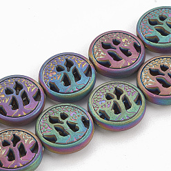 Rainbow Plated Electroplate Non-magnetic Synthetic Hematite Beads Strands, Matte Style, Flat Round, Multi-color Plated, 12~12.5x4~4.5mm, Hole: 1mm, about 32pcs/strand, 16.14 inch