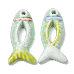 Light Green Handmade Porcelain Big Pendants, Hand Painted, Famille Rose Porcelain, Fish Charms, Light Green, 65x32x10mm, Hole: 5.5mm