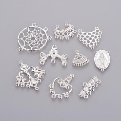 Silver Tibetan Style  Chandelier Components Links, Mixed Shapes, Silver Color Plated, 21~64x8~62.5x1.5~15mm, Hole: 1~4mm