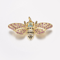 Golden Brass Micro Pave Cubic Zirconia Pendants, Bee, Colorful, Golden, 16x34.5x6mm, Hole: 4mm