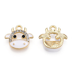Белый Экологичные подвески из цинкового сплава, эмалью и кристалл горного хрусталя, без кадмия, без никеля и без свинца, корова, золотой свет, белые, 14x15x3 мм, отверстие : 1.8 мм
