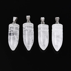 Хрусталь Природного кварца хрустальных подвесок, кулоны в виде пуль из горного хрусталя, с защелкой из нержавеющей стали на поручнях, цвет нержавеющей стали, 28~30x10~10.5 мм, отверстие : 7.5x3.5 мм