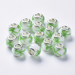 Зеленый лайм Бусины лэмпворк европейского стиля , бусины с большим отверстием, с серебряного цвета латуни двойные сердечники, внутренняя бусины цветок, рондель, зеленый лайм, 14x11 мм, отверстие : 5 мм