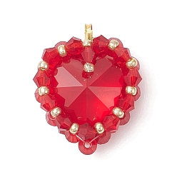 Красный Латунь стекло кулоны, сердце, с & стеклянным бисером, граненые, красные, 26x20.5x9.5 мм, отверстие : 3.5x2.5 мм