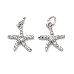 Платина Латунные микропаве прозрачные подвески с фианитом, долговечный, стойки покрытие, без свинца и без кадмия, прелести морская звезда, платина, 13.5x12x3 мм, отверстие : 3 мм