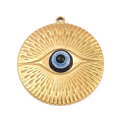 Golden 304 Stainless Steel with Blue Resin Pendants, Round with Evil Eye Charms, Golden, 26x24x4.5mm, Hole: 1.4mm