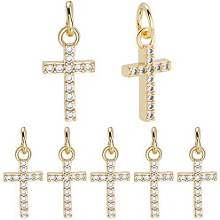 Настоящее золото 18K 10 шт. Латунные брелоки из прозрачного кубического циркония с микропаве, крестик, с целью перехода в кольце, реальный 18 k позолоченный, 14x7.5x2.5 мм, отверстие : 3.4 мм