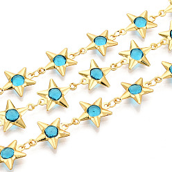Темно-бирюзовый Латунные звездчатые цепи, со стеклом, пайки, с катушкой, долговечный, звезда, золотые, темные бирюзовый, 14x11x3 мм, около 32.81 футов (10 м) / рулон