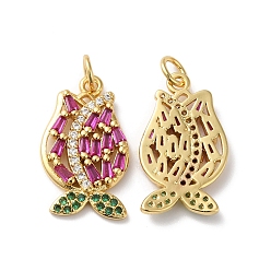 Old Rose Rack Plating Brass Cubic Zirconia Pendants, with Jump Ring, Lead Free & Cadmium Free, Tulip Flower Charm, Long-Lasting Real 18K Gold Plated, Old Rose, 20.5x12x2mm, Hole: 3.5mm