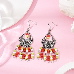 Красный Серьги-люстры из сплава стеклянных бусин в форме слезы, с  латунными крючками для серег, античное серебро, красные, 78~79x31~32 мм