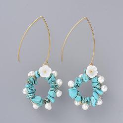 Synthetic Turquoise Chip Synthetic Turquoise Dangle Earrings, with Natural Pearl Beads, Natural Trochid Shell Beads, Golden Plated 304 Stainless Steel Earring Hooks and Cardboard Packing Box, 75mm, Pin: 0.7mm