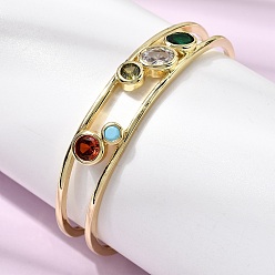 Настоящее золото 18K Плоские круглые латунные браслеты-манжеты с микропаве из кубического циркония, двухслойные, для женщин., стойки покрытие, долговечный, без свинца и без кадмия, реальный 18 k позолоченный, внутренний диаметр: 2.09x2.32 дюйм (5.3x5.9 см)