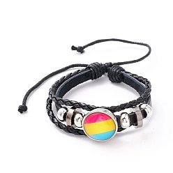 Colorful PU Leather Braided Cord Multi-strand Bracelet, Flat Round with Stripe Pattern Alloy Links and Beads Bracelet for Men Women, Platinum, Colorful, Inner Diameter: 2-1/4~ 3-1/4 inch(5.8~8.2cm)