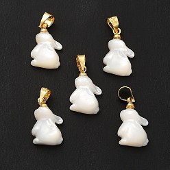 White Natural White Shell Pendants, with Golden Plated Brass Findings, Rabbit, White, 15x10x5mm, Hole: 4x4mm