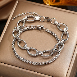 Нержавеющая Сталь Цвет 2шт. 304 Набор браслетов из нержавеющей стали: овальная цепочка с витыми звеньями и цепочка в виде колосьев пшеницы для мужчин, цвет нержавеющей стали, 6.69 дюйм (17 см)