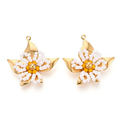Белый 304 подвески из нержавеющей стали, цветок, со стеклянными бисеринами, реальный 18 k позолоченный, ионное покрытие (ip), граненые, белые, 34~35x35.5~36x8~9 мм, отверстие : 1.4~1.8 мм